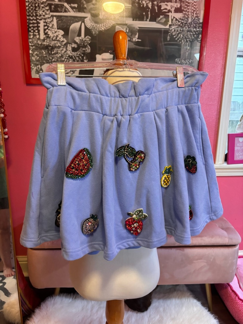 QUEEN OF SPARKLES Lavender Mini Skirt with Jeweled Fruit Appliqués